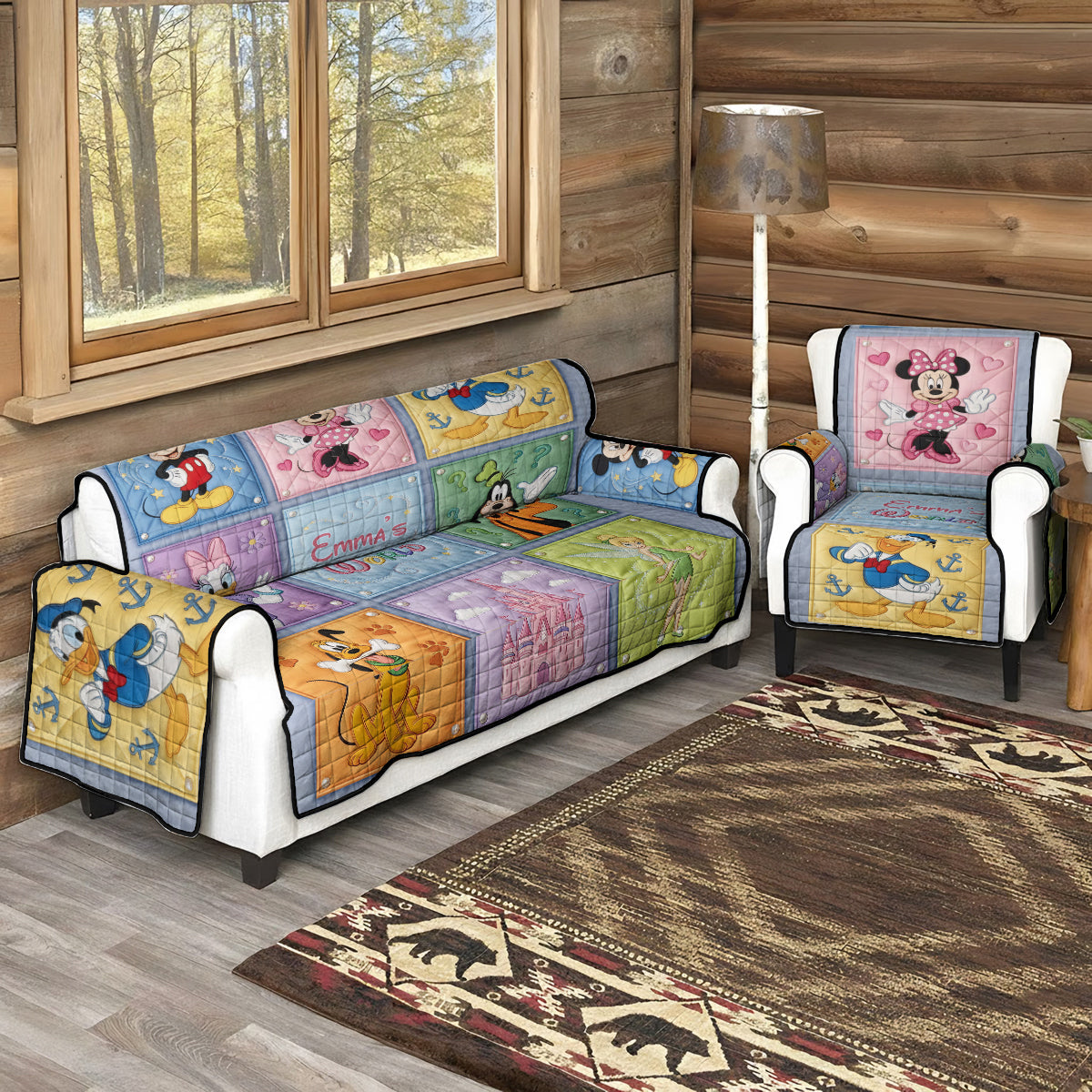 Personalized Quilted Sofa Cover with Disney Characters Gift for Her Quited Sofa Cover GradoCreations