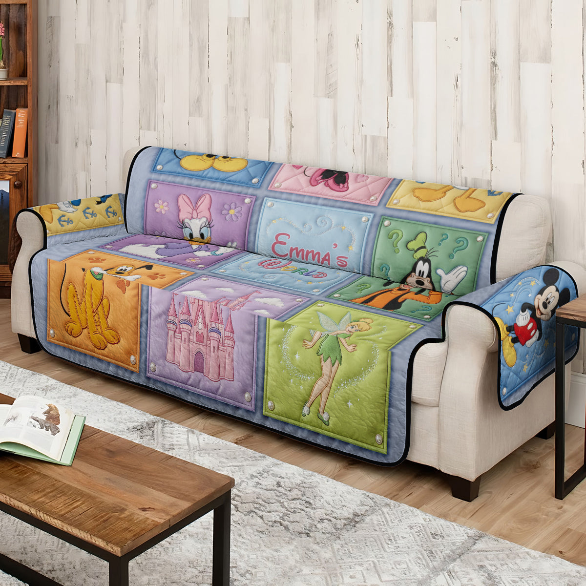 Personalized Disney Characters Quilted Sofa Cover for Kids Room Quilted Sofa/Couch Cover GradoCreations