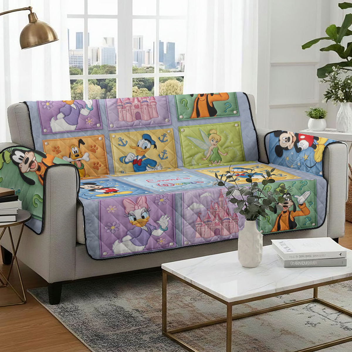 Personalized Disney Characters Quilted Sofa Cover for Kids Room Quilted Sofa/Couch Cover GradoCreations