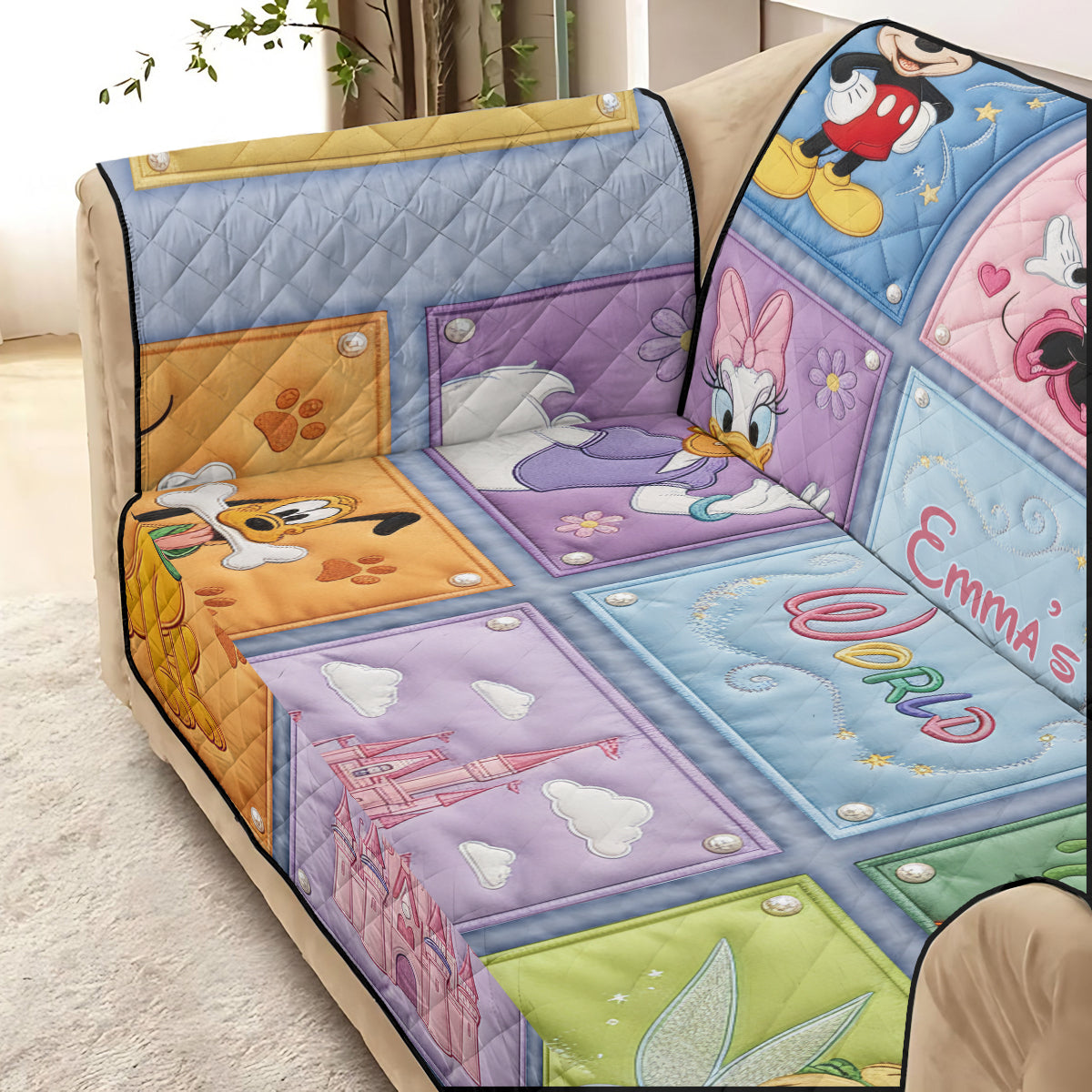 Personalized Quilted Sofa Cover with Disney Characters Gift for Her Quited Sofa Cover GradoCreations