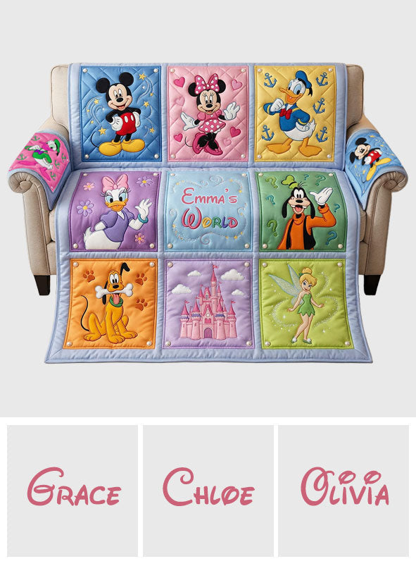 Personalized Disney Characters Quilted Sofa Cover for Kids Room Quilted Sofa/Couch Cover GradoCreations
