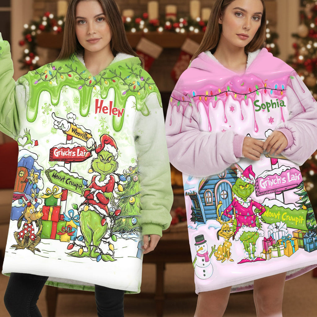 Personalized Grinch Blanket Hoodie Custom Name Christmas Gift Blanket Hoodie GradoCreations