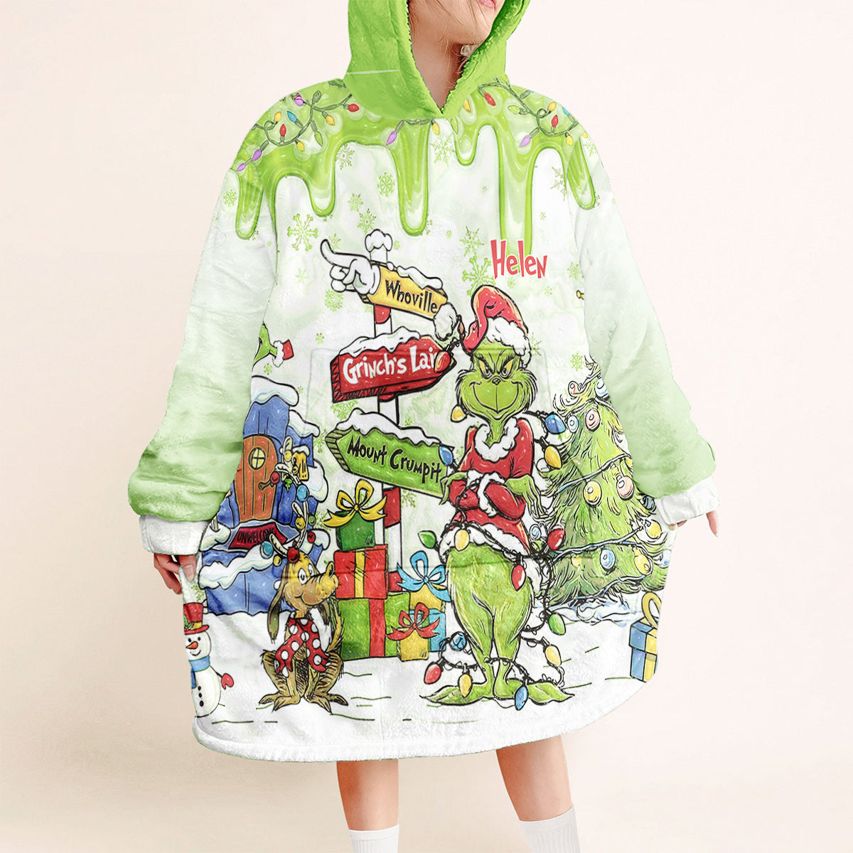 Personalized Grinch Blanket Hoodie Custom Name Christmas Gift Blanket Hoodie GradoCreations
