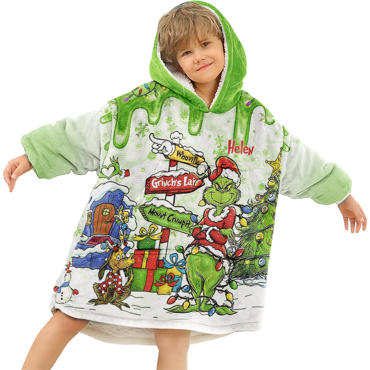Personalized Grinch Blanket Hoodie Custom Name Christmas Gift Blanket Hoodie GradoCreations