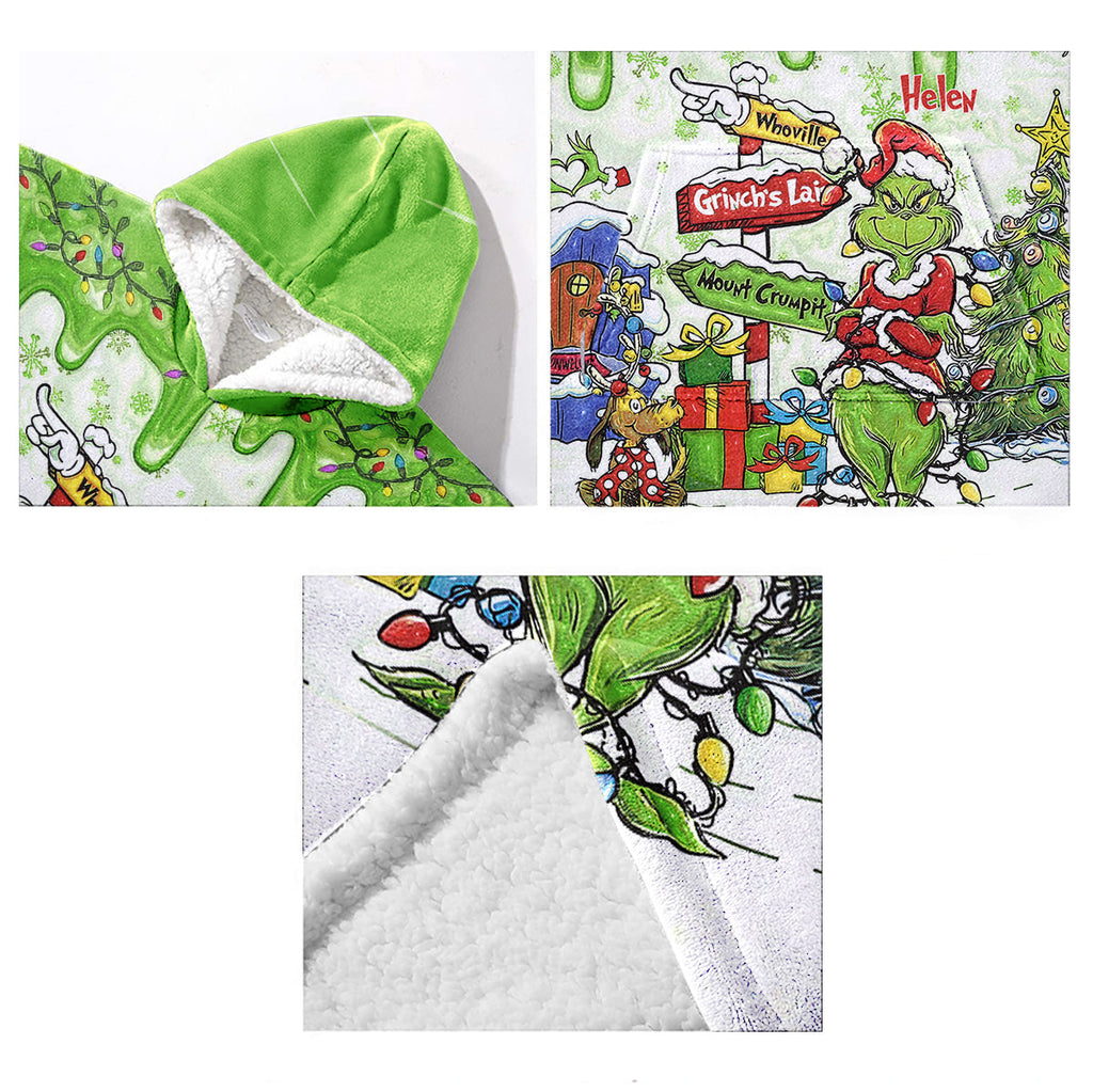 Personalized Grinch Blanket Hoodie Custom Name Christmas Gift Blanket Hoodie GradoCreations