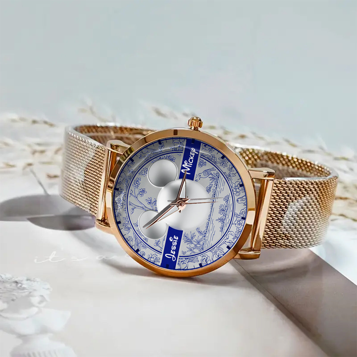 Personalized Toile de Jouy Pattern Women's Hand Watch with Name Women Hand Watch GradoCreations