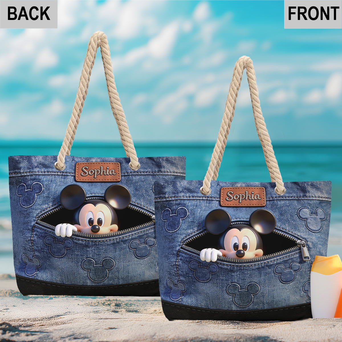 Personalized Denim Beach Bag Custom Name Mickey Mouse Gift Beach Bag GradoCreations