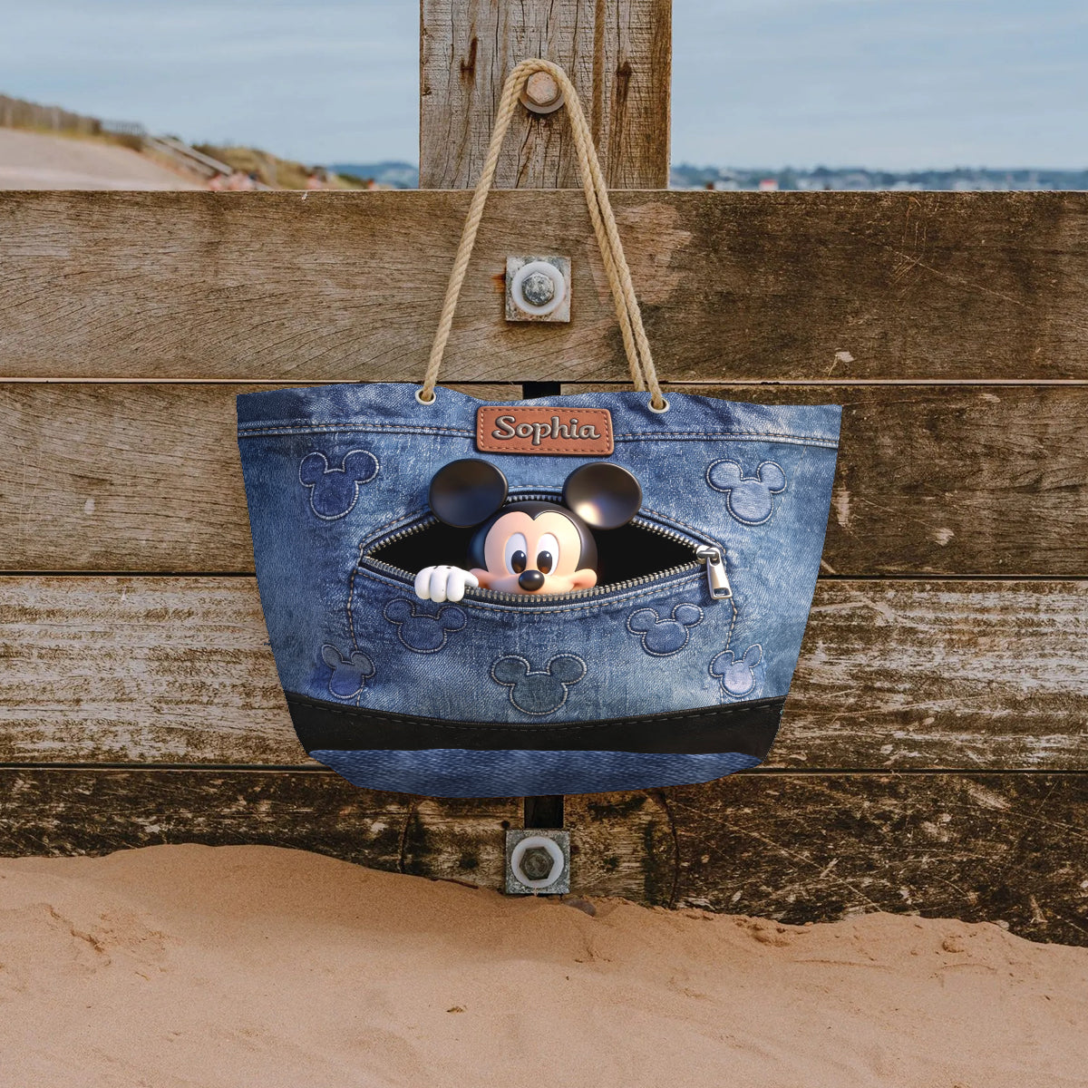Personalized Denim Beach Bag Custom Name Mickey Mouse Gift Beach Bag GradoCreations