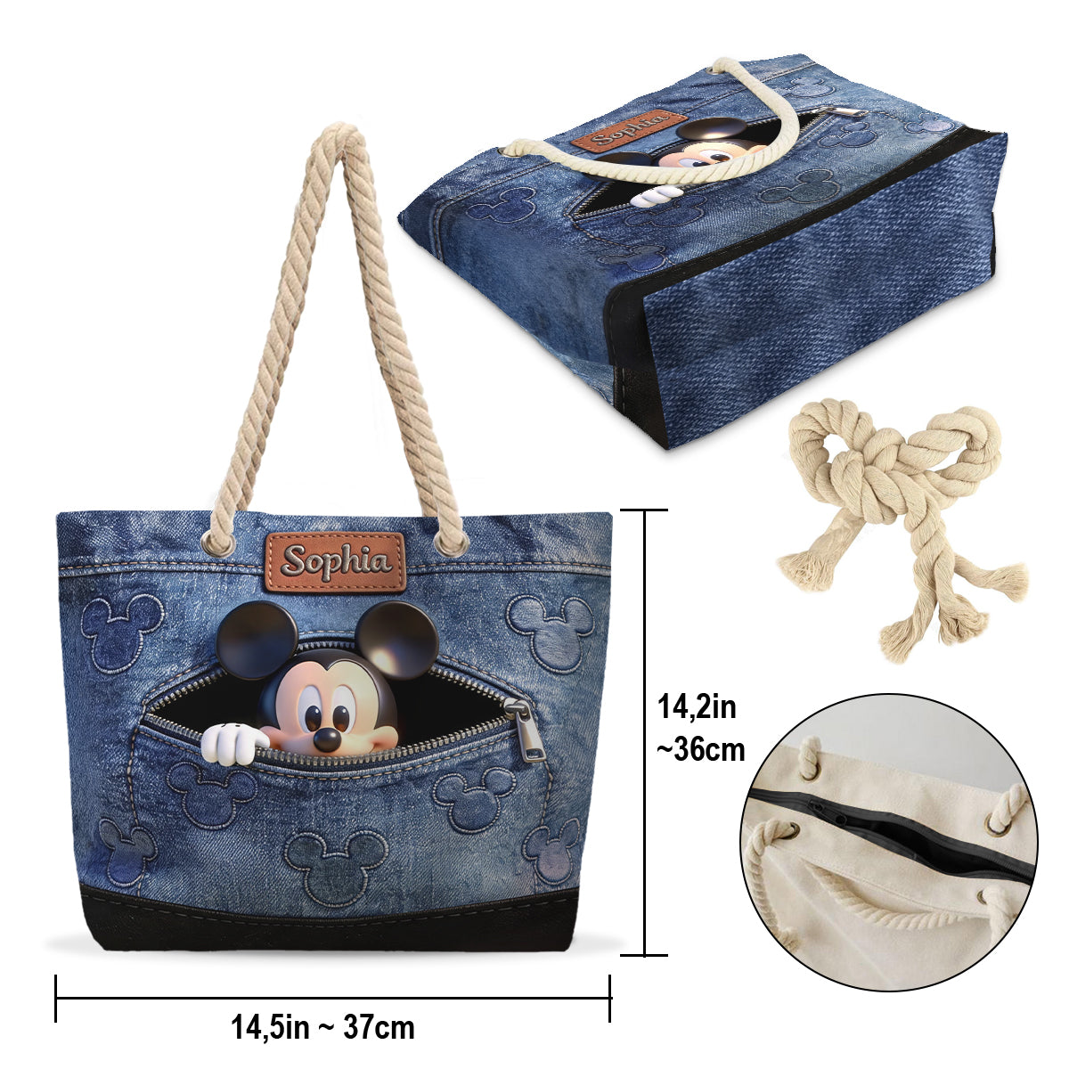 Personalized Denim Beach Bag Custom Name Mickey Mouse Gift Beach Bag GradoCreations