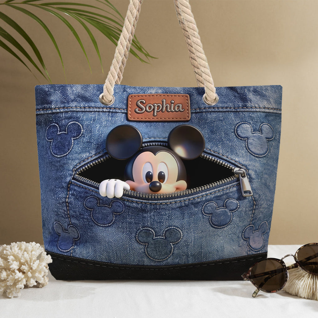 Personalized Denim Beach Bag Custom Name Mickey Mouse Gift Beach Bag GradoCreations
