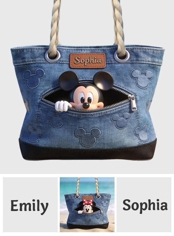 Personalized Denim Beach Bag Custom Name Mickey Mouse Gift Beach Bag GradoCreations