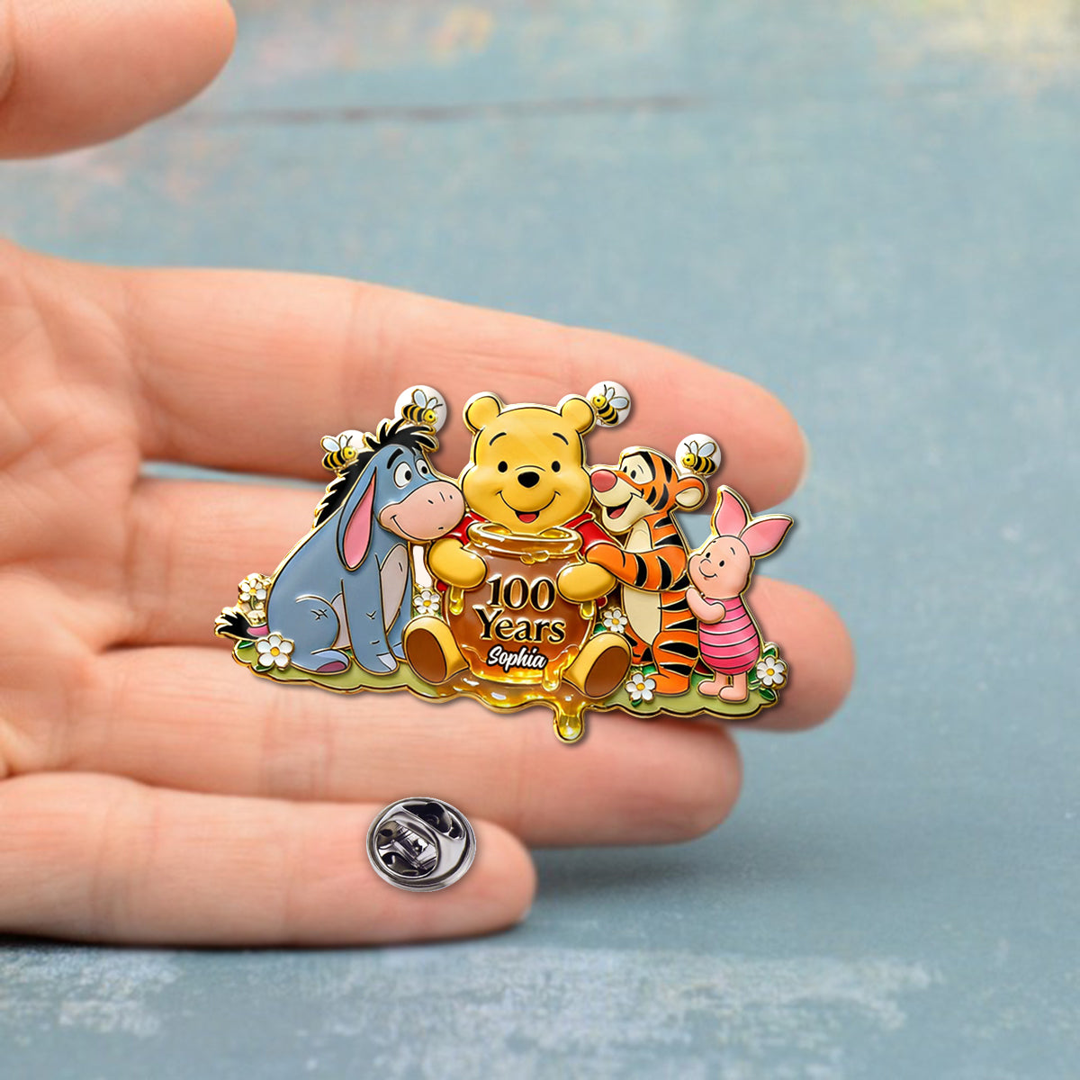 Personalized 100th Anniversary Acrylic Enamel Pin with Bear Design Acrylic Enamel Pin GradoCreations