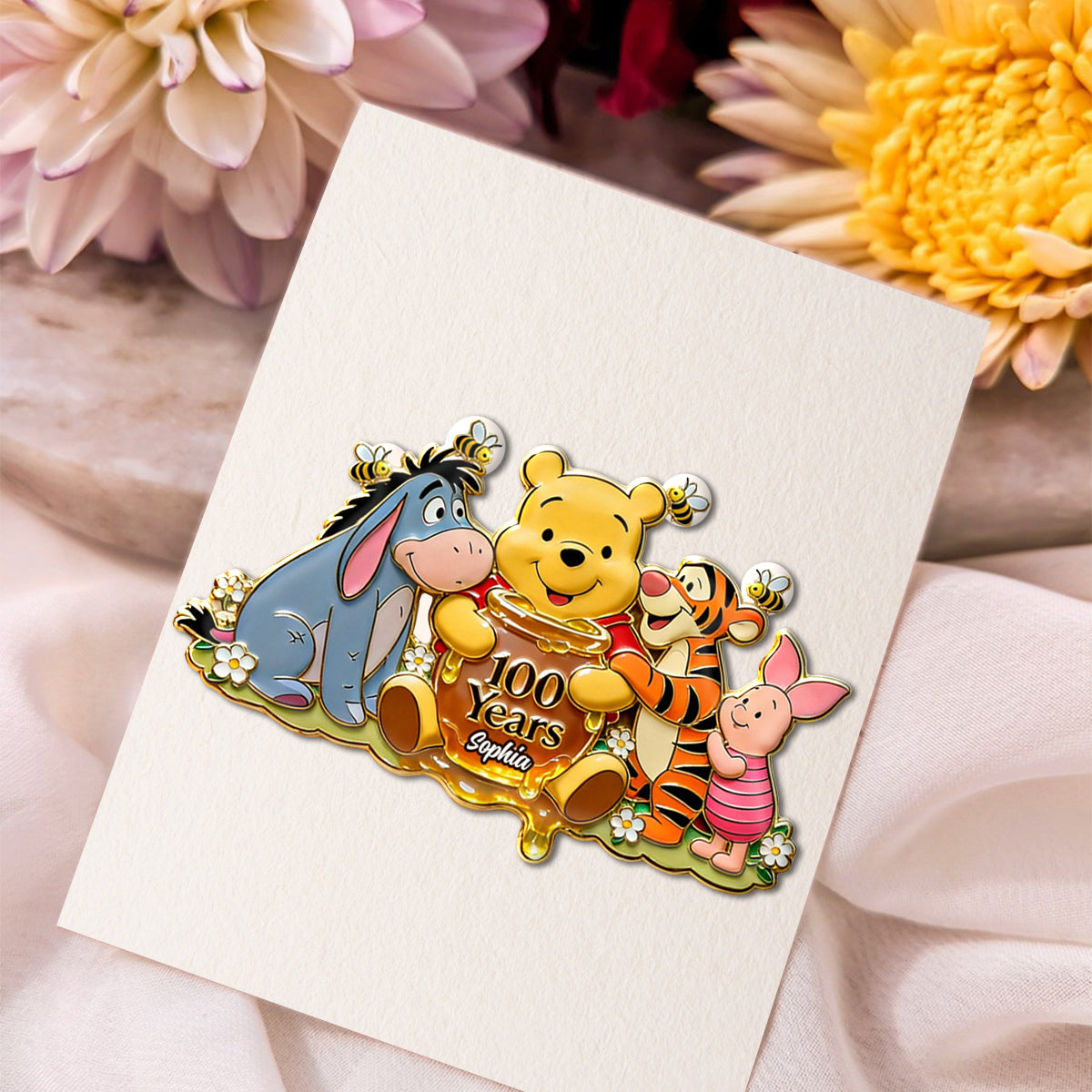 Personalized 100th Anniversary Acrylic Enamel Pin with Bear Design Acrylic Enamel Pin GradoCreations