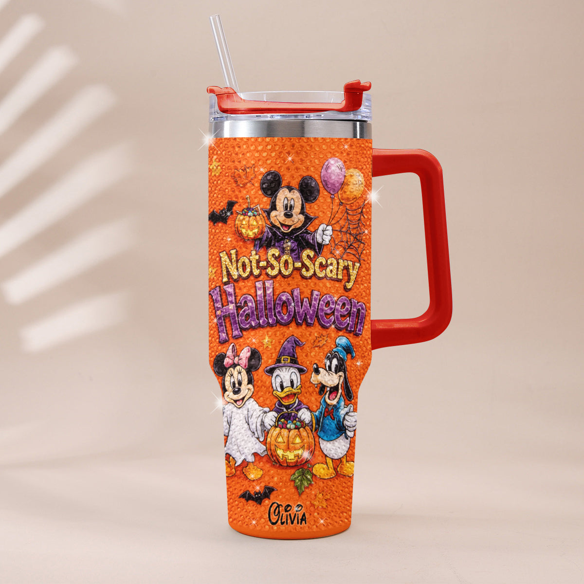 Personalized Rhinestone Tumbler with Handle for Halloween - Mickey & Friends Design Rhinestone Tumbler With Handle GradoCreations