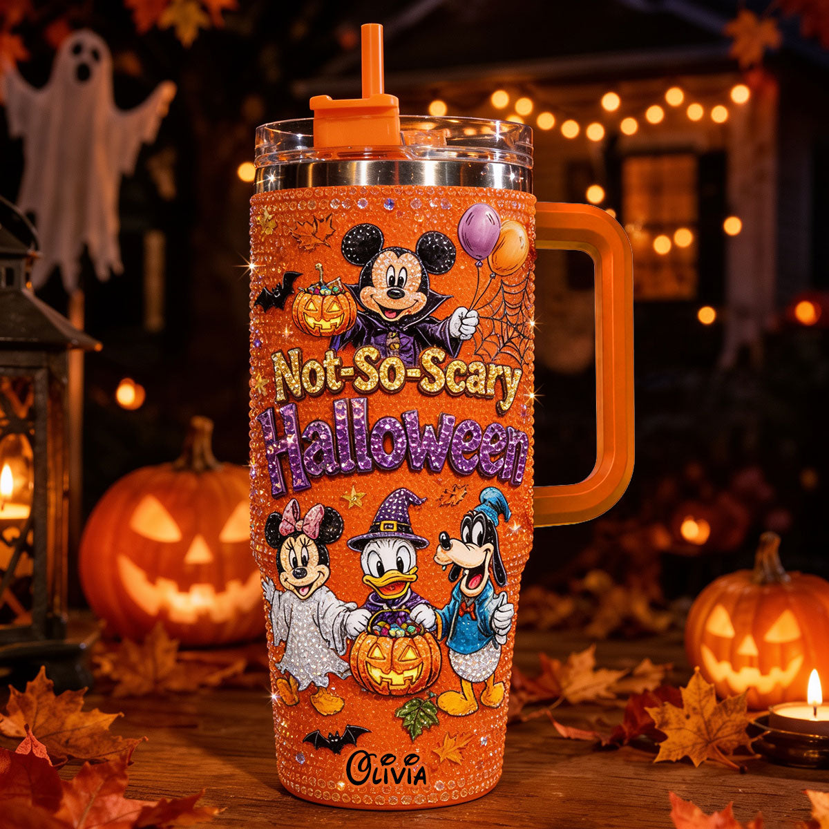 Personalized Rhinestone Tumbler with Handle for Halloween - Mickey & Friends Design Rhinestone Tumbler With Handle GradoCreations