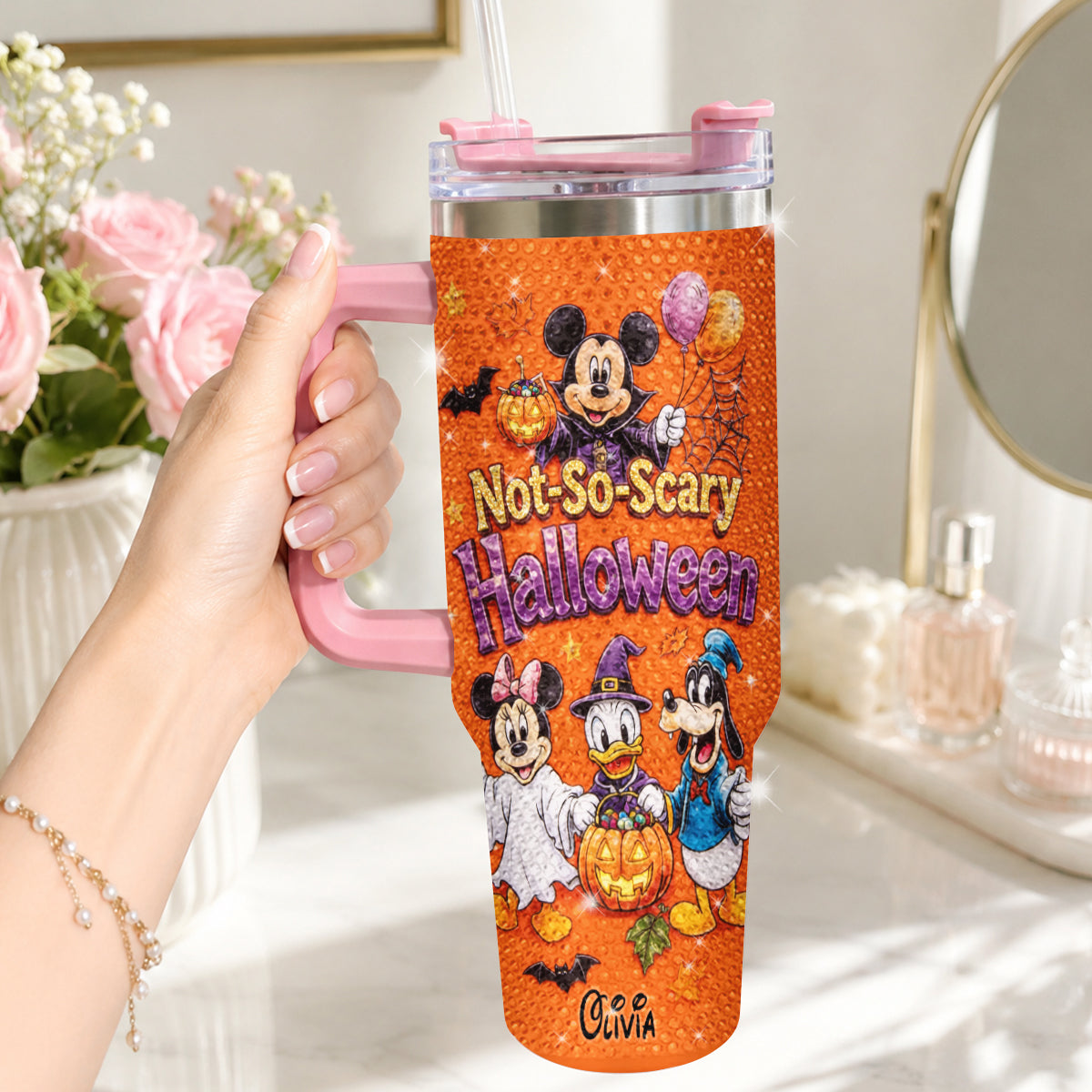 Personalized Rhinestone Tumbler with Handle for Halloween - Mickey & Friends Design Rhinestone Tumbler With Handle GradoCreations