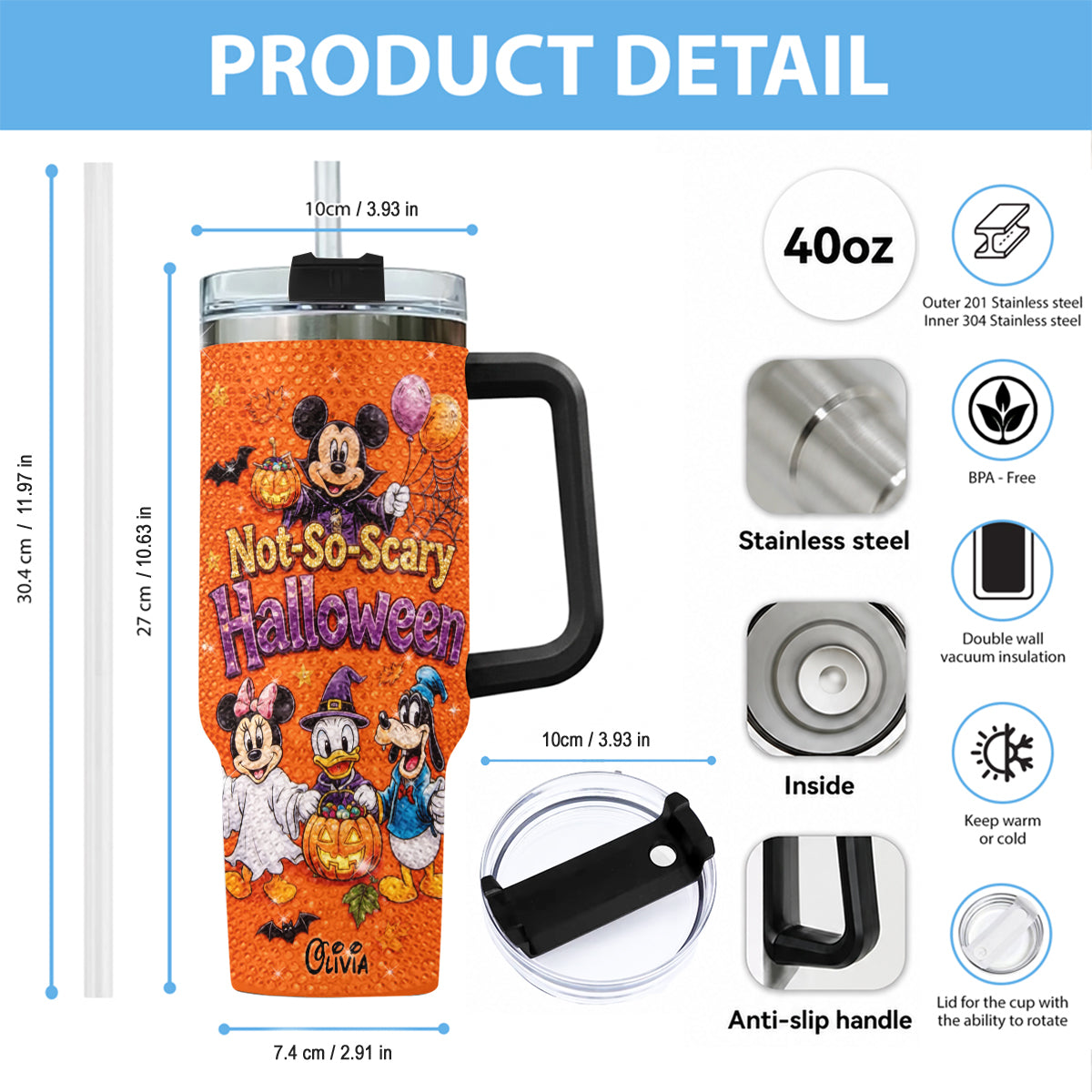 Personalized Rhinestone Tumbler with Handle for Halloween - Mickey & Friends Design Rhinestone Tumbler With Handle GradoCreations