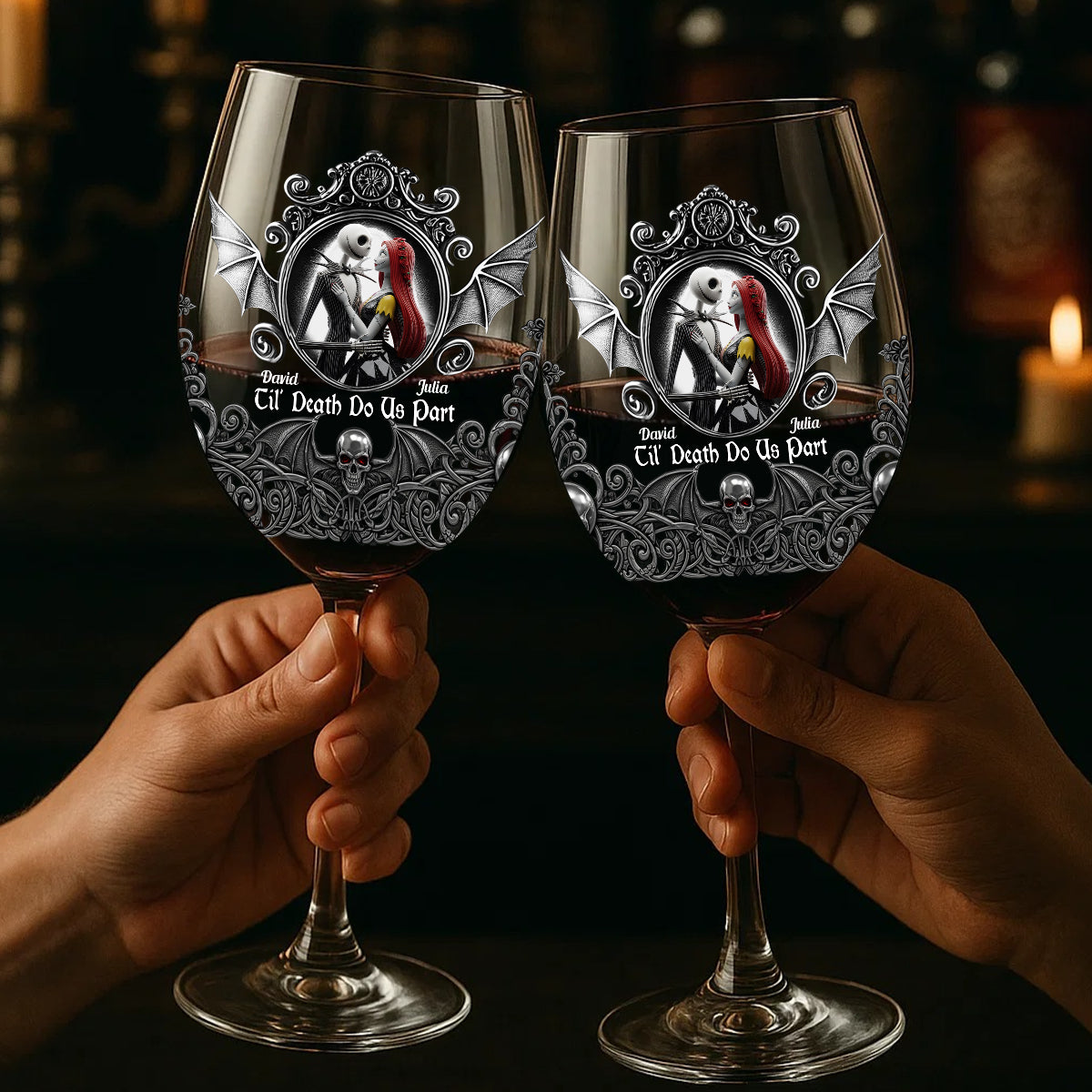 Personalized Nightmare Wine Glass Set Custom Names Gift for Couple Wine Glass With Long Stem GradoCreations