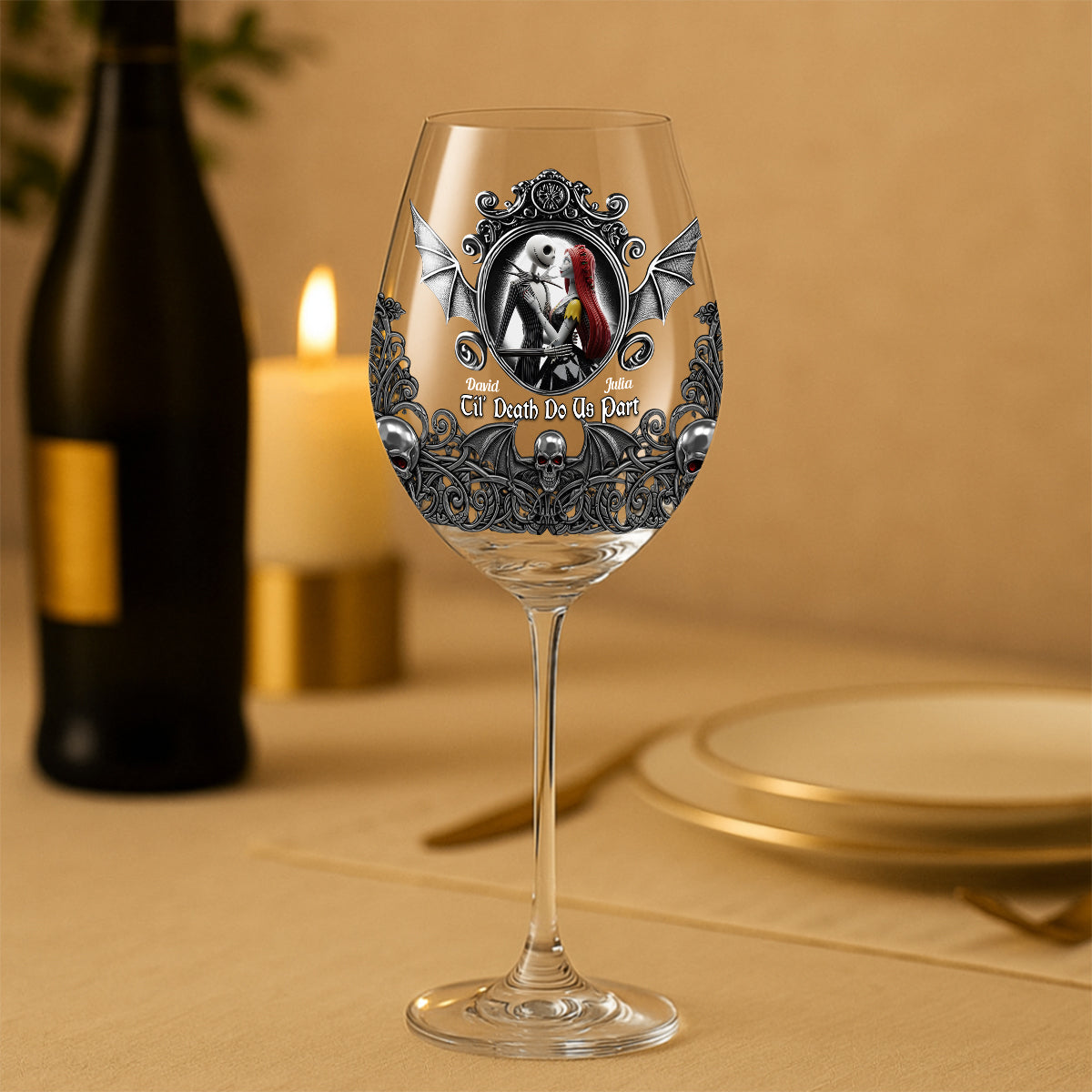Personalized Nightmare Wine Glass Set Custom Names Gift for Couple Wine Glass With Long Stem GradoCreations