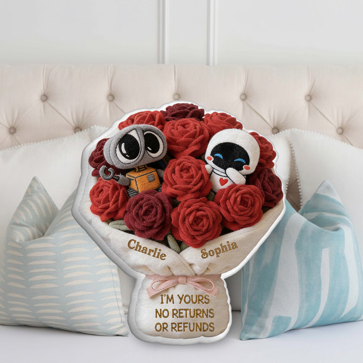 Personalized Faux Fur Love Robot Pillow Gift for Couples Faux Fur Shaped Pillow GradoCreations