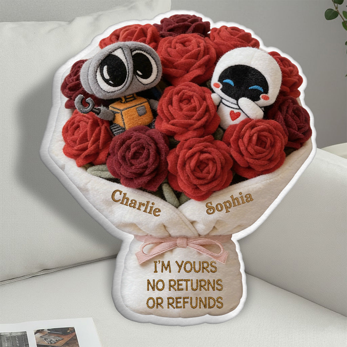 Personalized Faux Fur Love Robot Pillow Gift for Couples Faux Fur Shaped Pillow GradoCreations