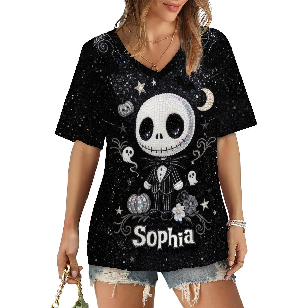 Custom Skull Nightmare Fully Printed V-Neck T-Shirt for All Sizes Fully Printed V-Neck T-Shirt GradoCreations