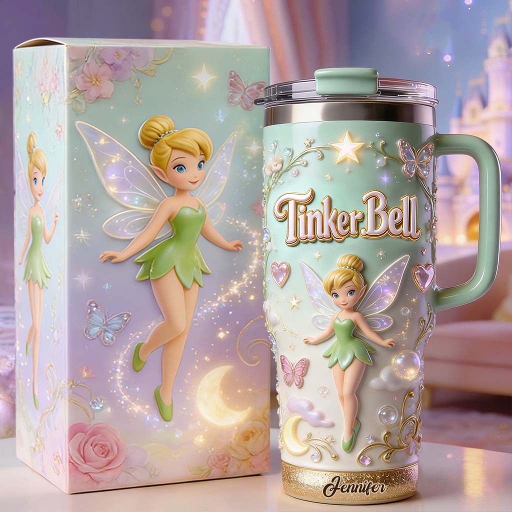 Personalized Tinker Bell Flying Fairy Tumbler With Handle Tumbler With Handle GradoCreations