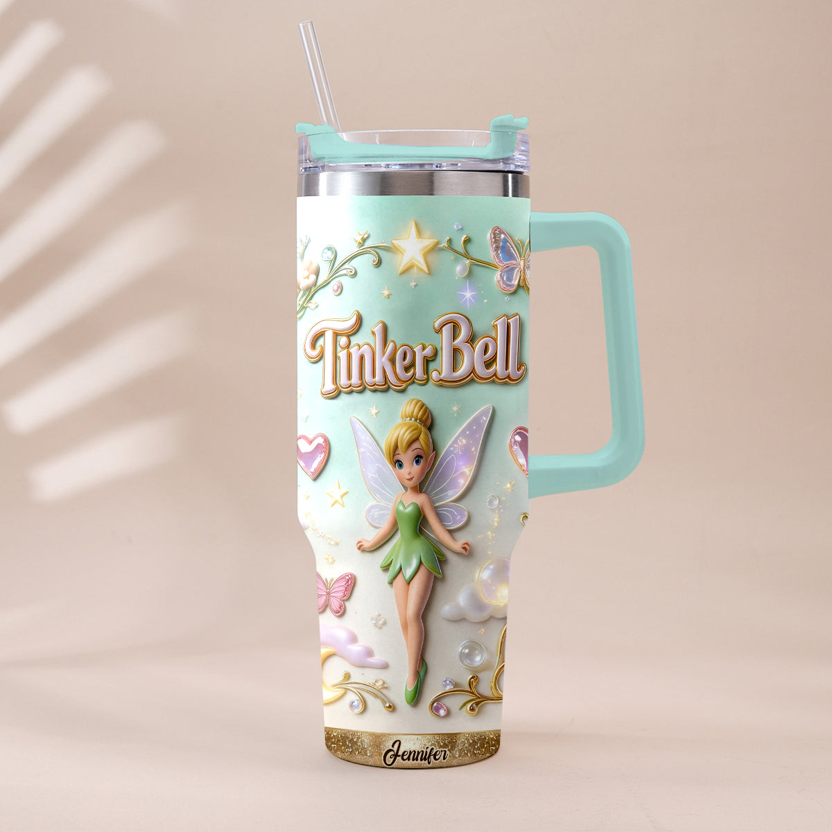Personalized Tinker Bell Flying Fairy Tumbler With Handle Tumbler With Handle GradoCreations