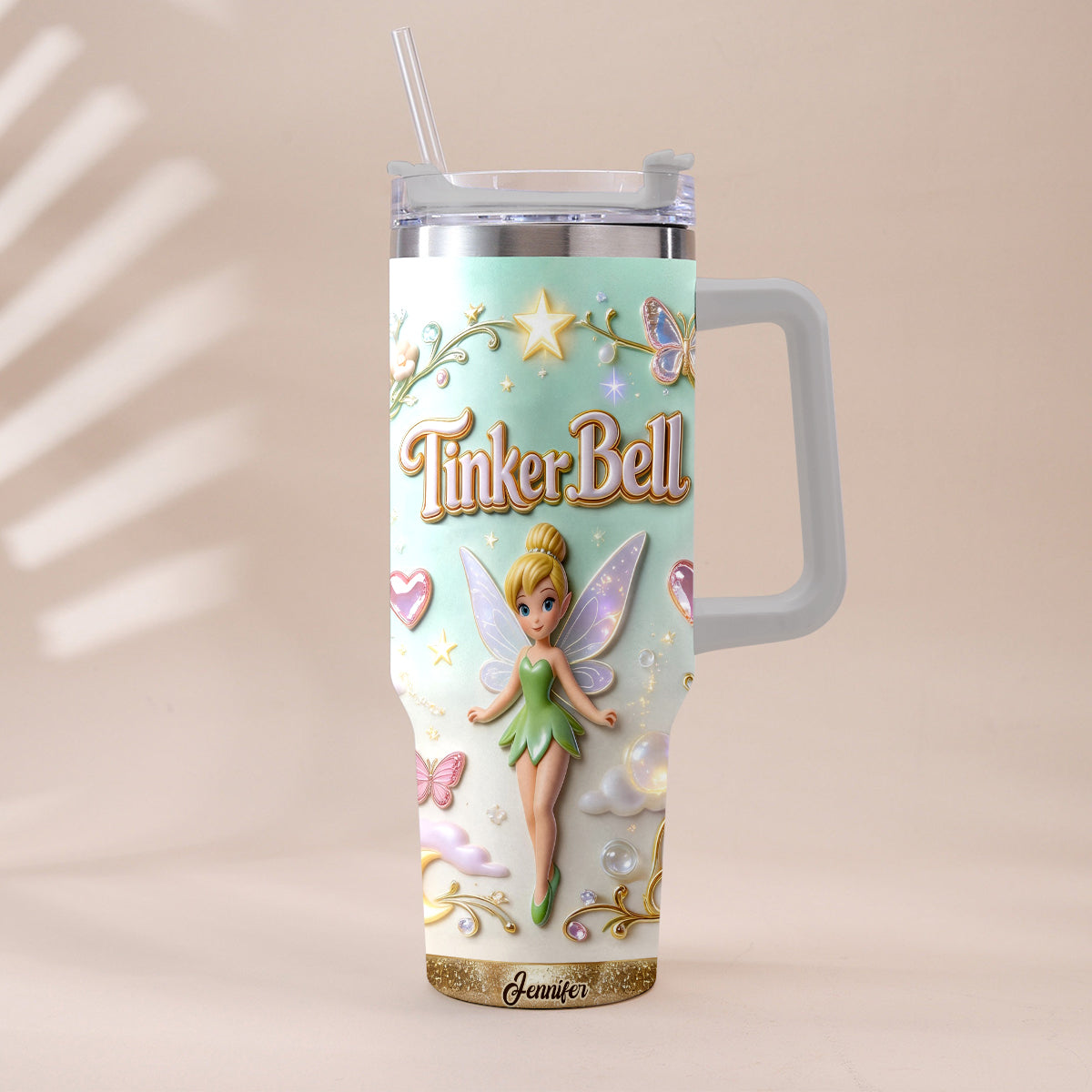 Personalized Tinker Bell Flying Fairy Tumbler With Handle Tumbler With Handle GradoCreations