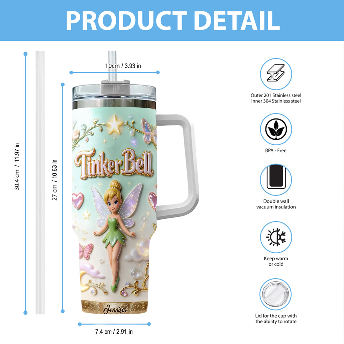 Personalized Tinker Bell Flying Fairy Tumbler With Handle Tumbler With Handle GradoCreations