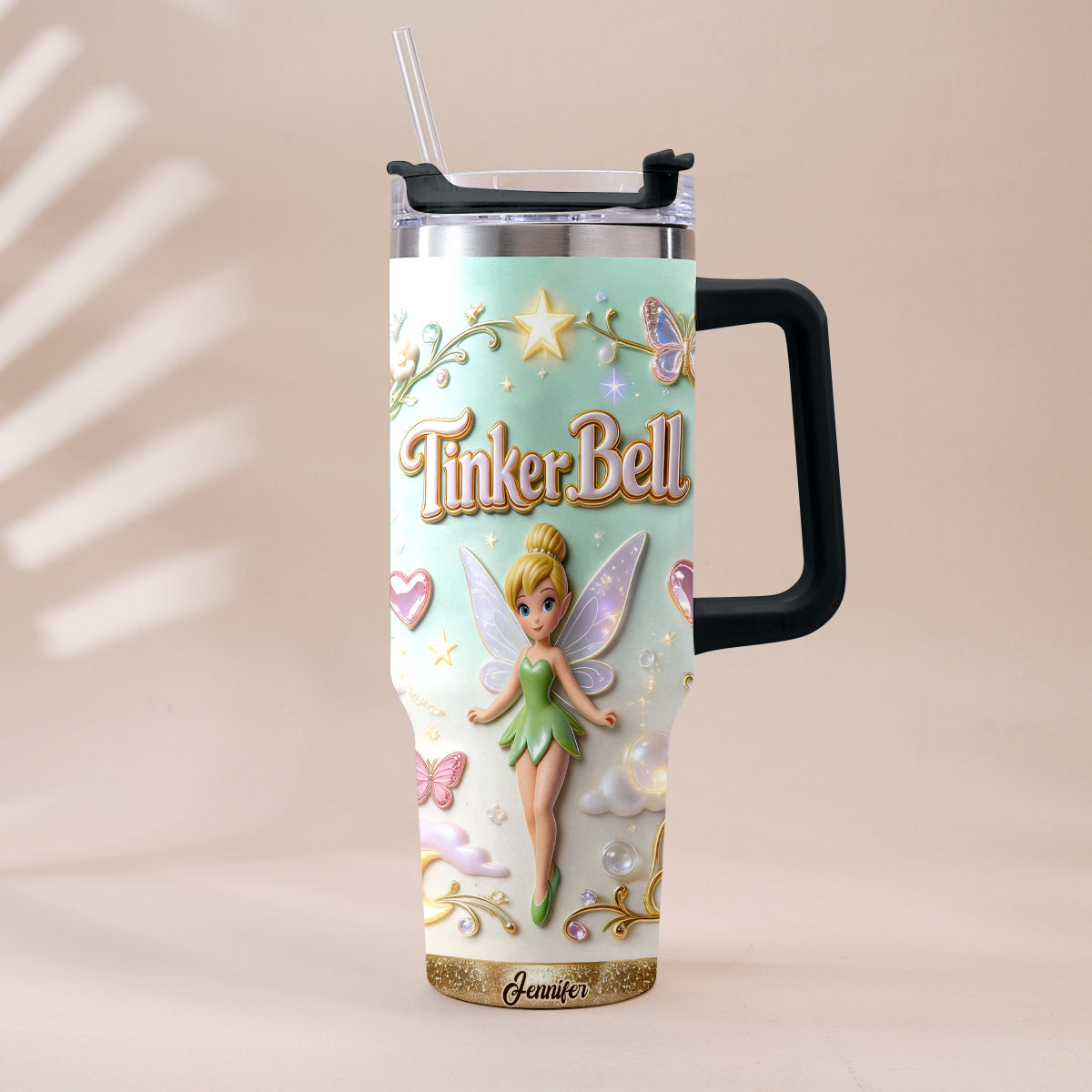 Personalized Tinker Bell Flying Fairy Tumbler With Handle Tumbler With Handle GradoCreations