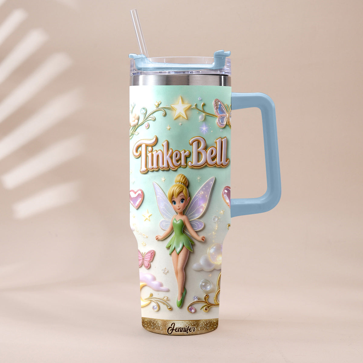 Personalized Tinker Bell Flying Fairy Tumbler With Handle Tumbler With Handle GradoCreations