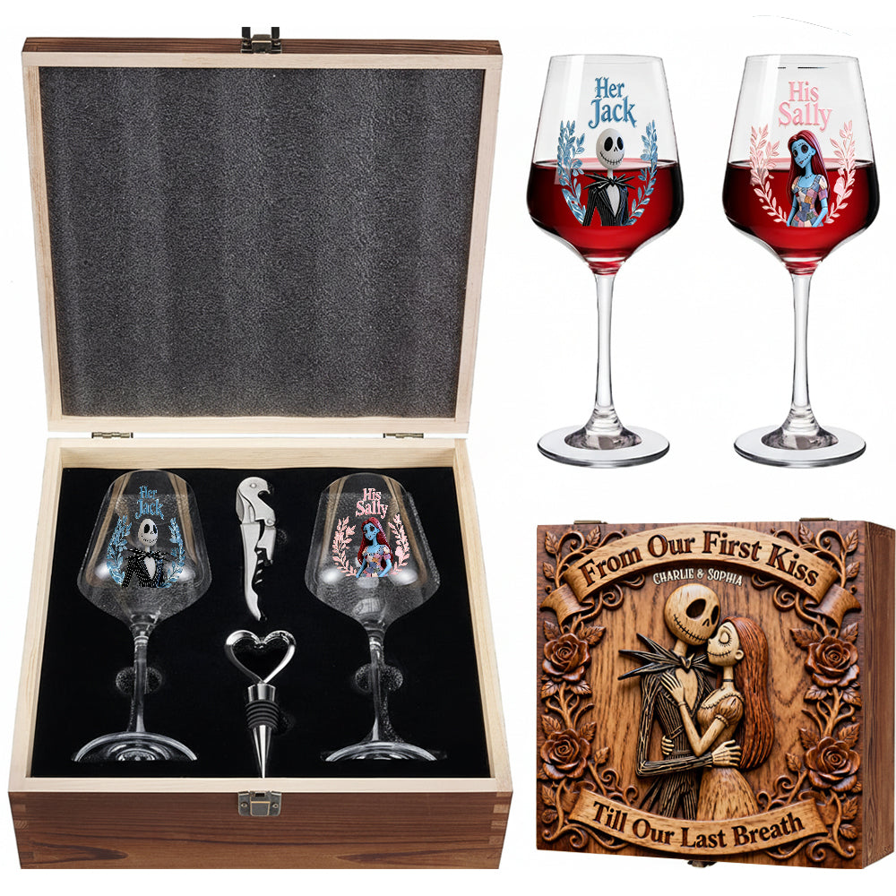 Personalized Wine Glass Set with Wooden Box for Couples Gift Wine Glasses Set With Wooden Box GradoCreations