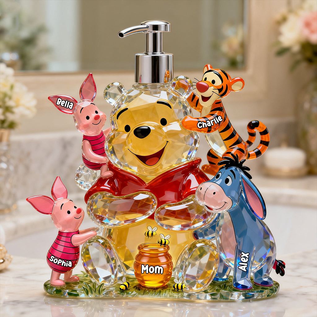 Personalized Winnie the Pooh Pump Dispenser with Custom Names Gift for Mom Pump Dispenser GradoCreations