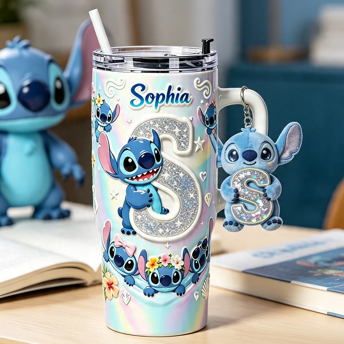 Personalized Ohana Tumbler with Plush Charm for Kids - Cute Blue Alien Design Tumbler With Plush Charm GradoCreations