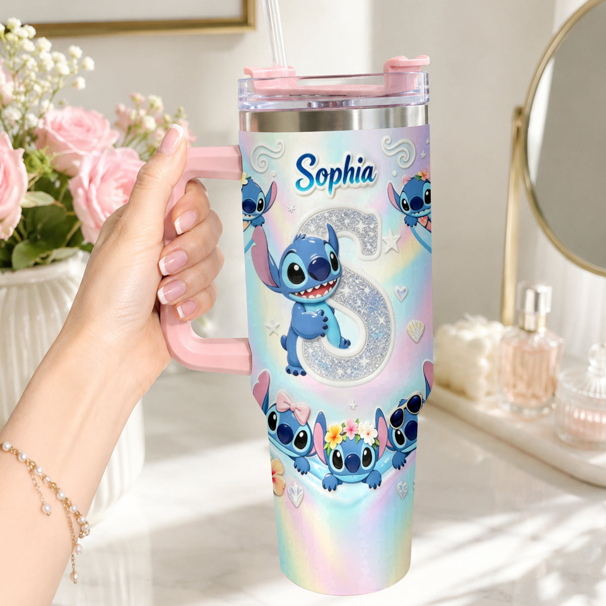 Personalized Ohana Tumbler with Plush Charm for Kids - Cute Blue Alien Design Tumbler With Plush Charm GradoCreations