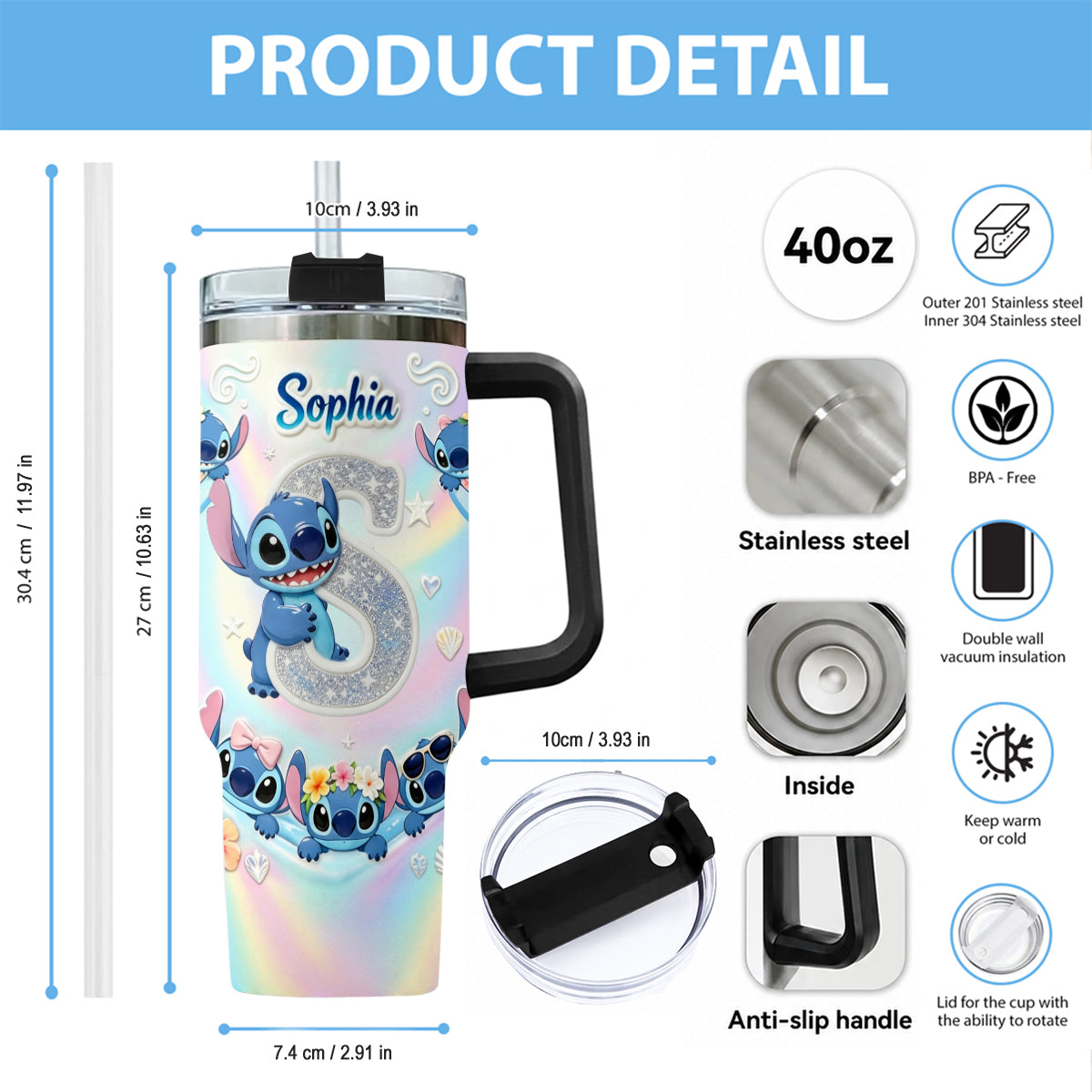 Personalized Ohana Tumbler with Plush Charm for Kids - Cute Blue Alien Design Tumbler With Plush Charm GradoCreations