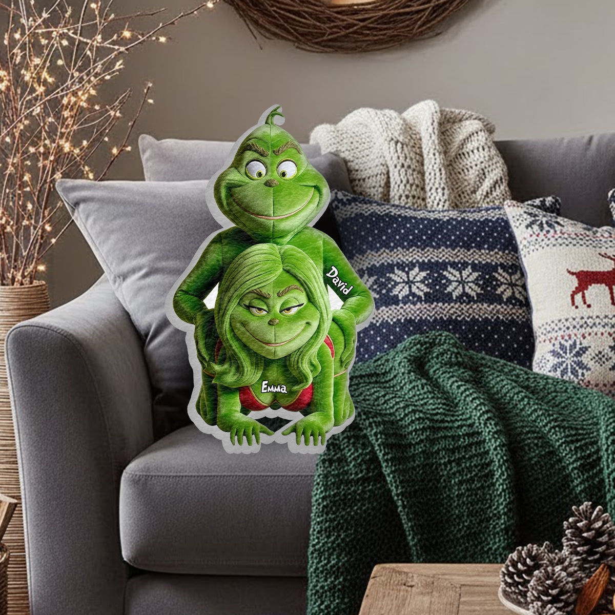 Personalized Grinch Faux Fur Shaped Pillow Gift for Couples Faux Fur Shaped Pillow GradoCreations