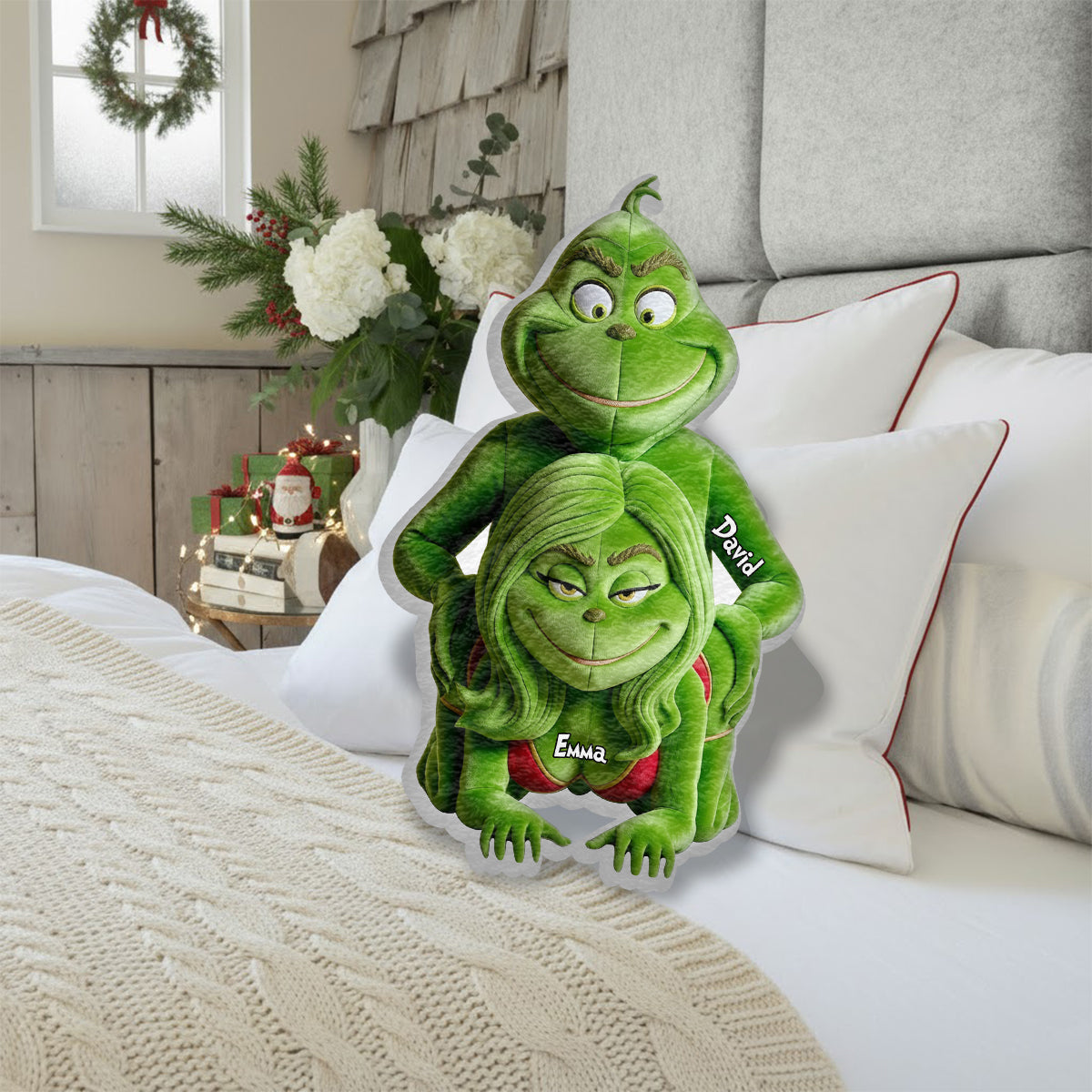Personalized Grinch Faux Fur Shaped Pillow Gift for Couples Faux Fur Shaped Pillow GradoCreations