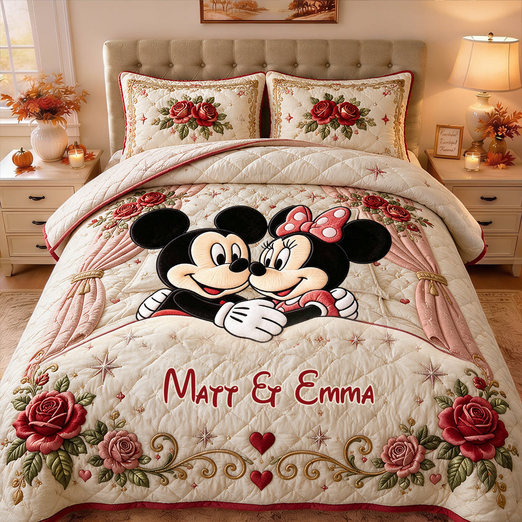 Personalized Mickey & Minnie Quilt Set with Custom Names for Couples Quilt Set GradoCreations