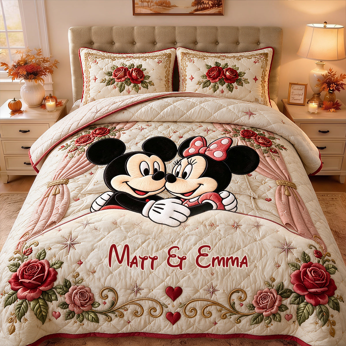 Personalized Mickey & Minnie Quilt Set with Custom Names for Couples Quilt Set GradoCreations