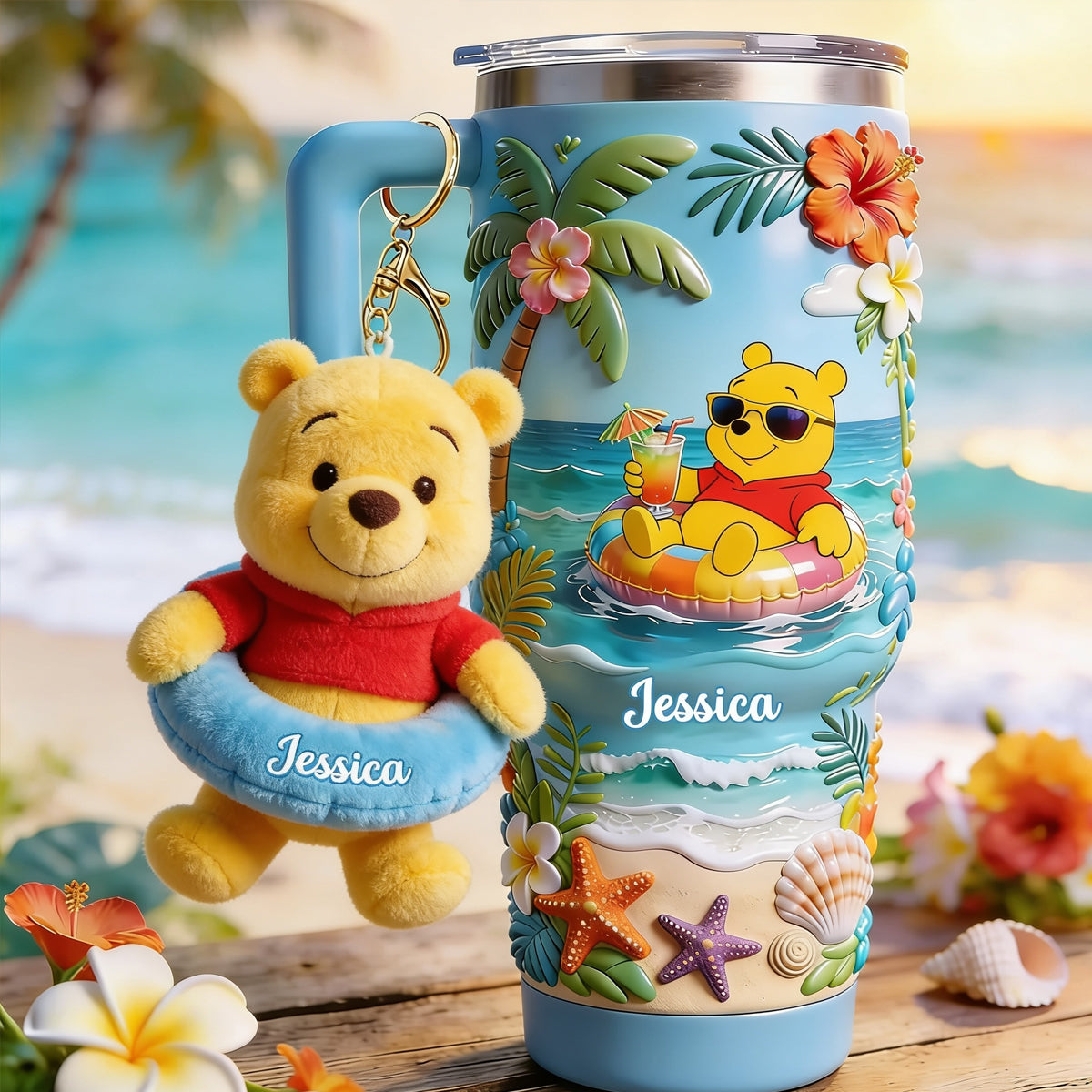 Personalized Summer Bear Tumbler with Plush Charm - Custom Name Gift Tumbler With Plush Charm GradoCreations