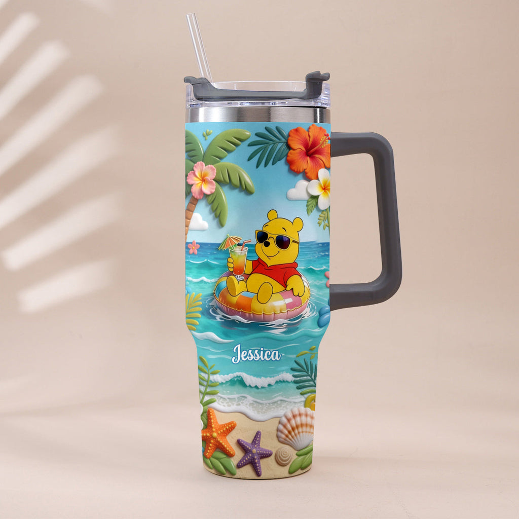 Personalized Summer Bear Tumbler with Plush Charm - Custom Name Gift Tumbler With Plush Charm GradoCreations