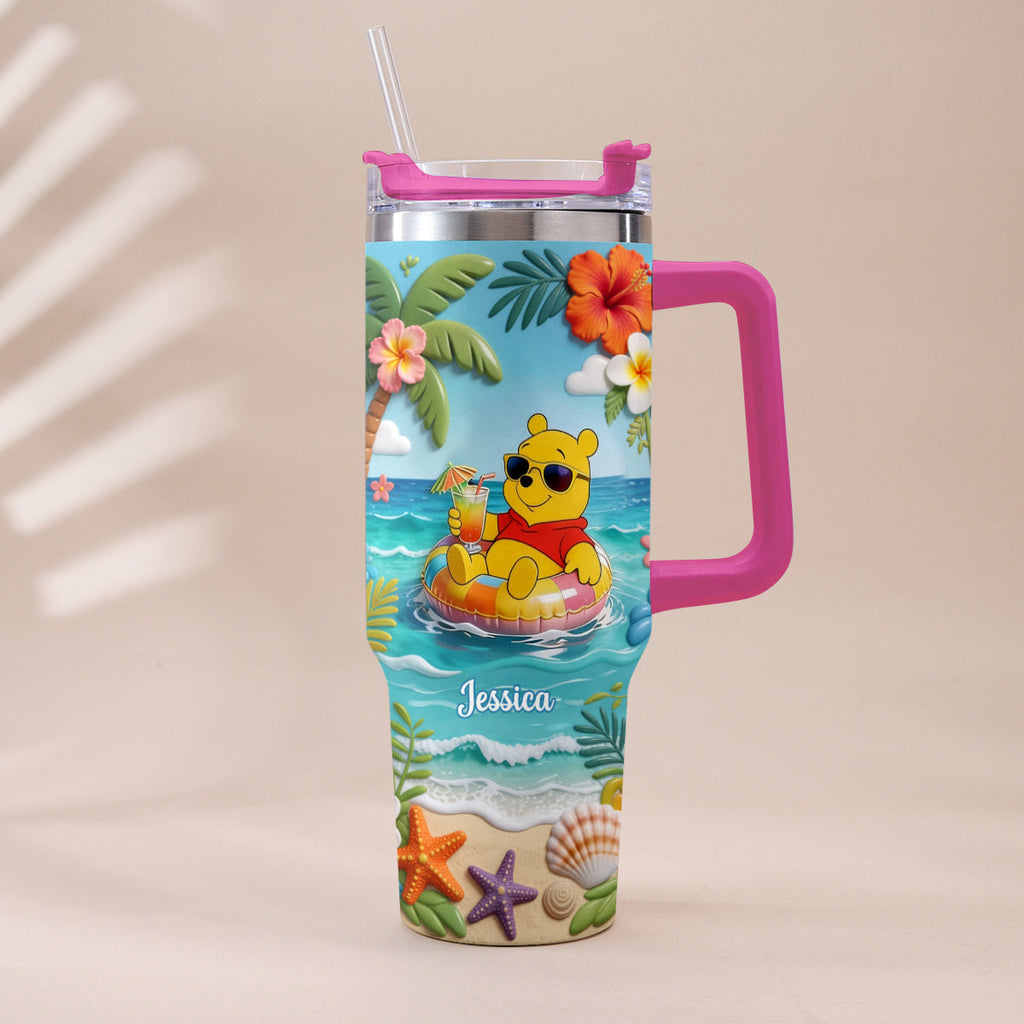 Personalized Summer Bear Tumbler with Plush Charm - Custom Name Gift Tumbler With Plush Charm GradoCreations
