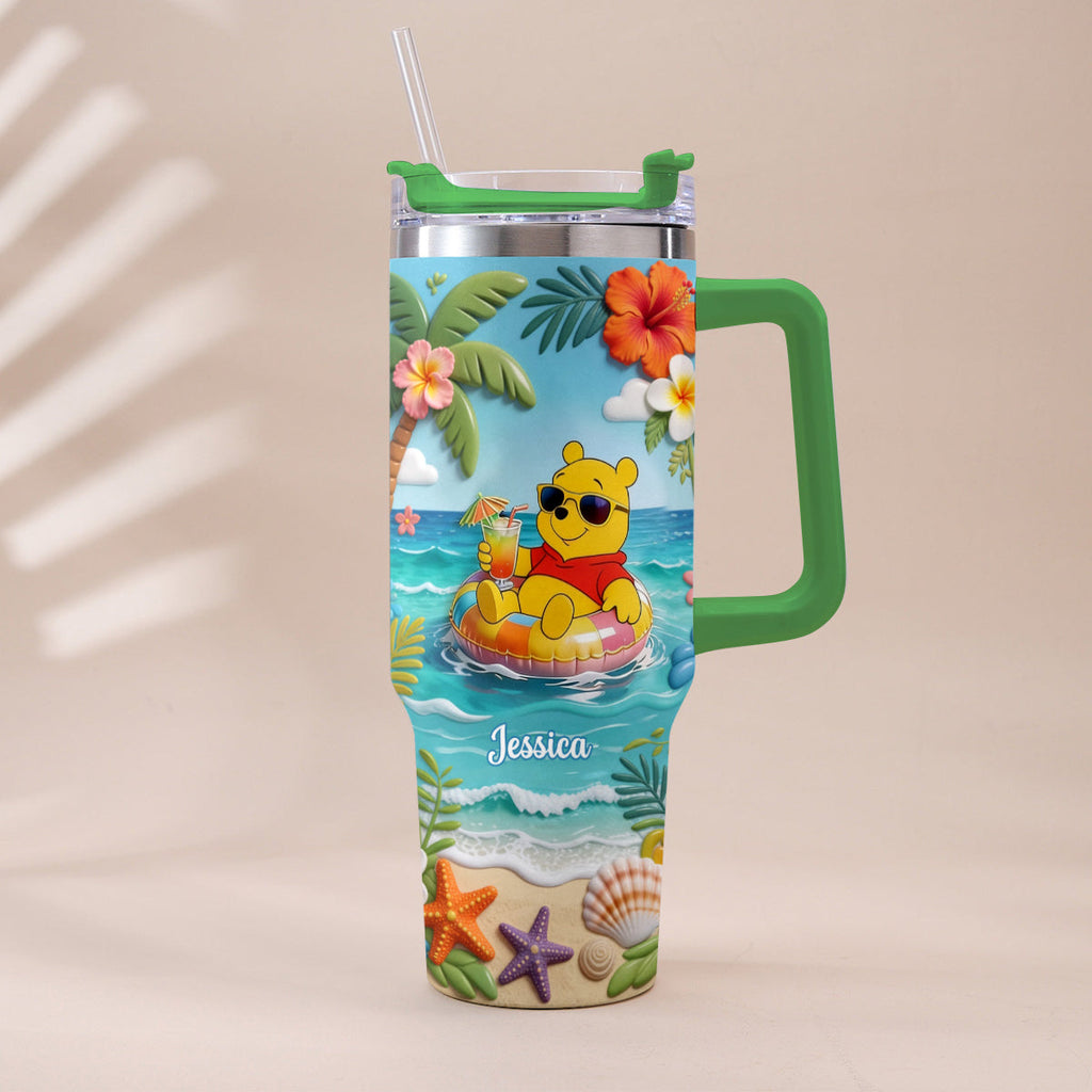 Personalized Summer Bear Tumbler with Plush Charm - Custom Name Gift Tumbler With Plush Charm GradoCreations