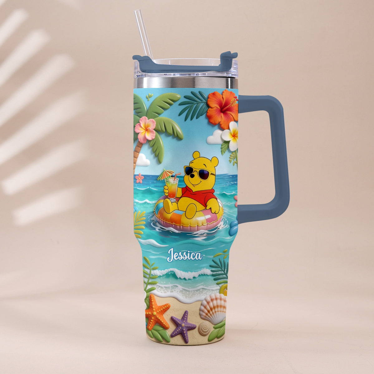 Personalized Summer Bear Tumbler with Plush Charm - Custom Name Gift Tumbler With Plush Charm GradoCreations