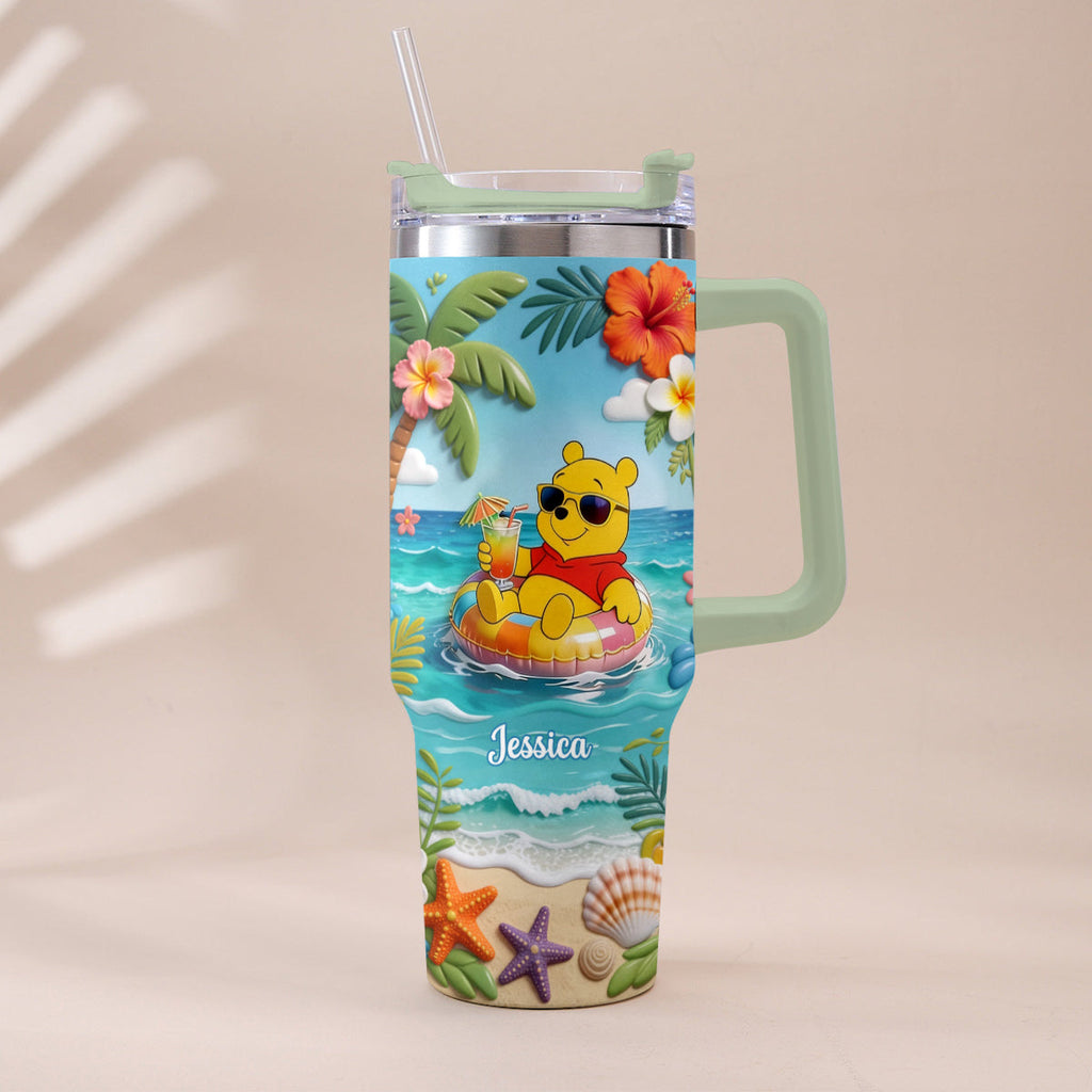 Personalized Summer Bear Tumbler with Plush Charm - Custom Name Gift Tumbler With Plush Charm GradoCreations