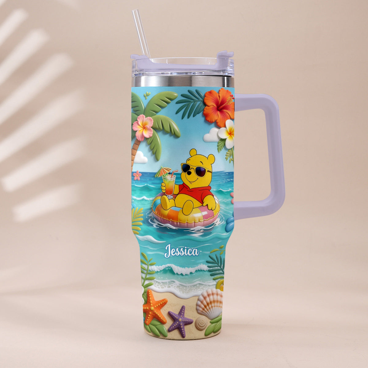 Personalized Summer Bear Tumbler with Plush Charm - Custom Name Gift Tumbler With Plush Charm GradoCreations