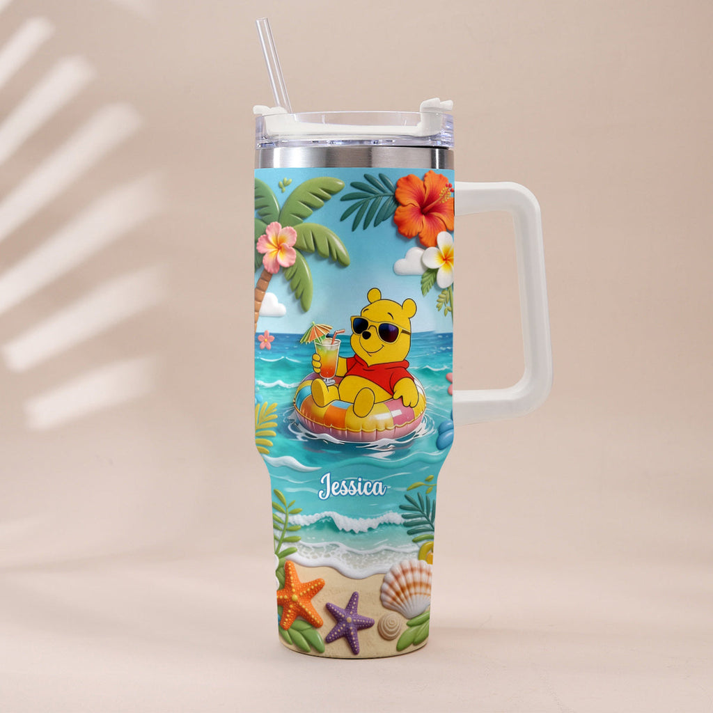 Personalized Summer Bear Tumbler with Plush Charm - Custom Name Gift Tumbler With Plush Charm GradoCreations