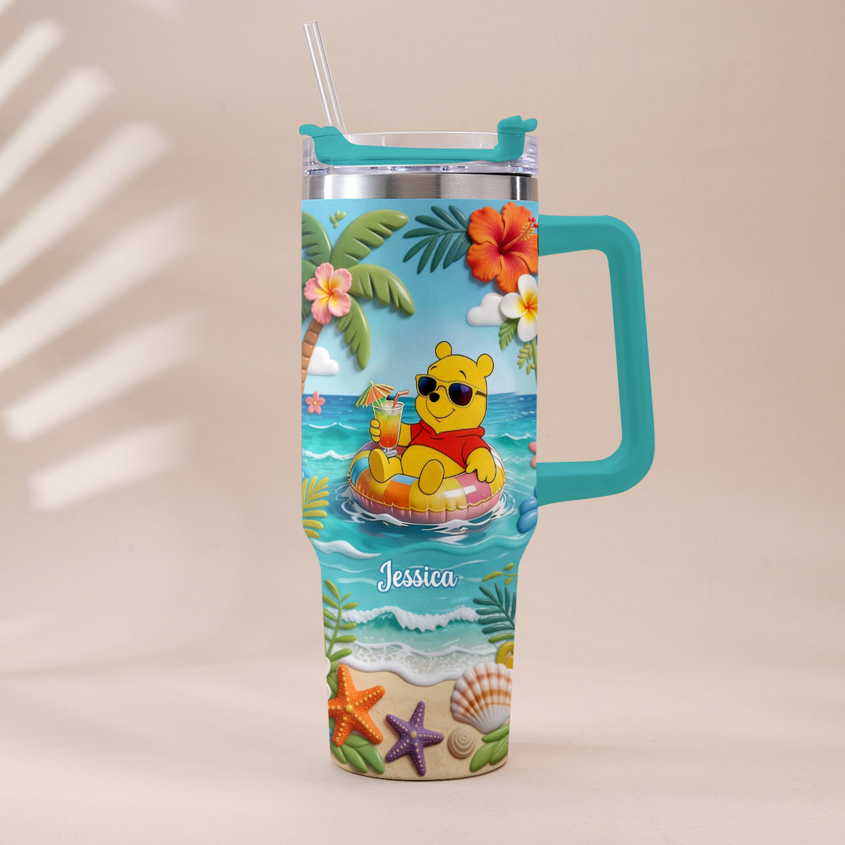 Personalized Summer Bear Tumbler with Plush Charm - Custom Name Gift Tumbler With Plush Charm GradoCreations